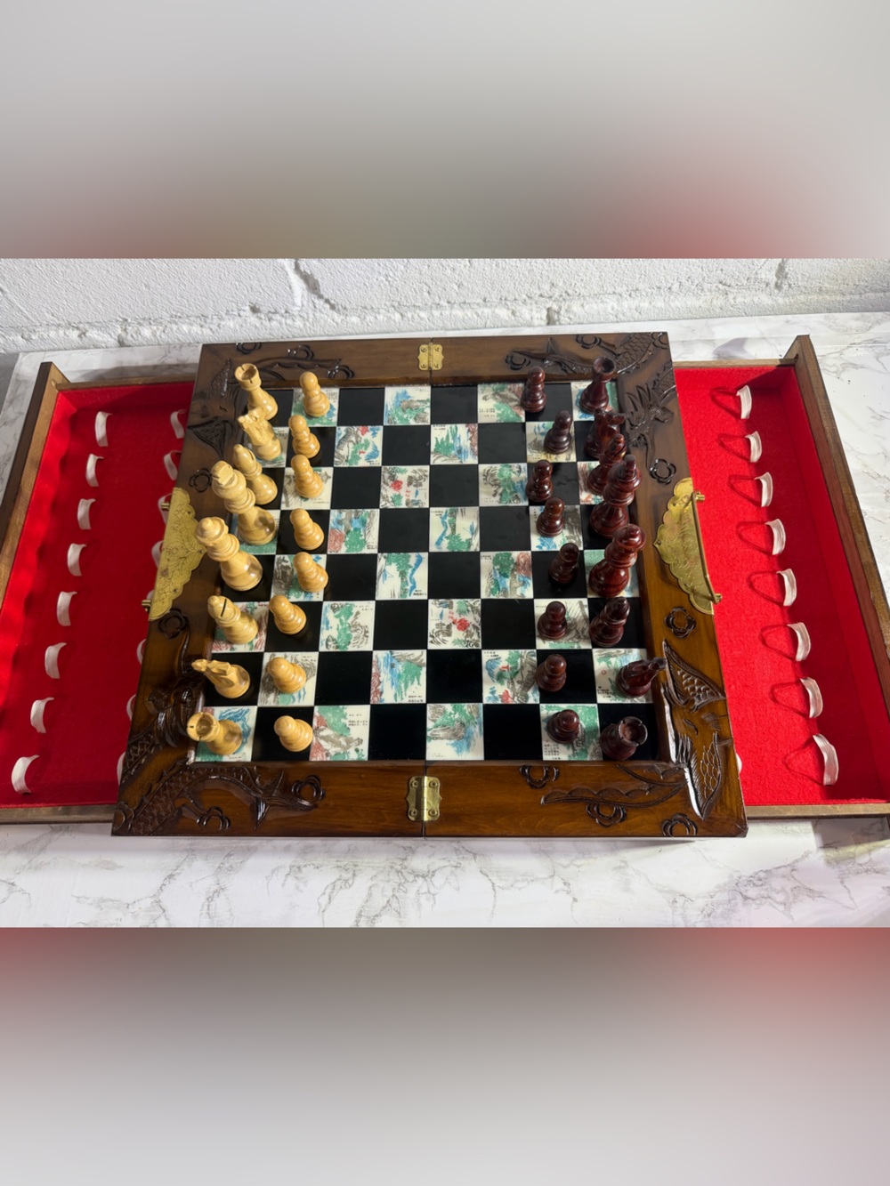 Chinese inlaid tile and Hand-Carved Wooden folding Chess Set Red Velvet Storage